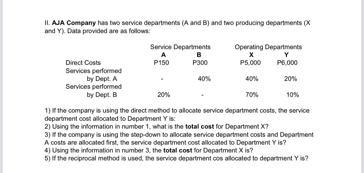 II. AJA Company has two service departments (A and B) and two producing departments (X
and Y). Data provided are as follows:
Service Departments
Operating Departments
Y
A
В
Direct Costs
P150
P300
P5,000
P6,000
Services performed
by Dept. A
Services performed
by Dept. B
40%
40%
20%
20%
70%
10%
1) If the company is using the direct method to allocate service department costs, the service
department cost allocated to Department Y is:
2) Using the information in number 1, what is the total cost for Department X?
3) If the company is using the step-down to allocate service department costs and Department
A costs are allocated first, the service department cost allocated to Department Y is?
4) Using the information in number 3, the total cost for Department X is?
5) If the reciprocal method is used, the service department cos allocated to department Y is?
