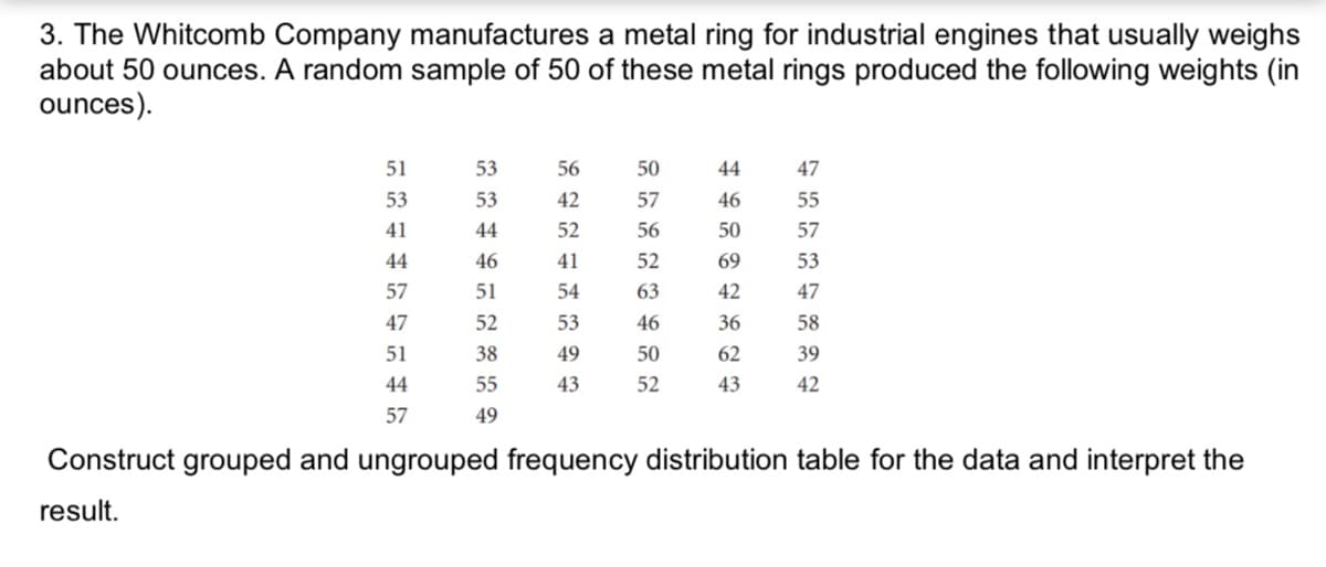 3. The Whitcomb Company manufactures a metal ring for industrial engines that usually weighs
about 50 ounces. A random sample of 50 of these metal rings produced the following weights (in
ounces).
51
53
56
50
44
47
53
53
42
57
46
55
41
44
52
56
50
57
44
46
41
52
69
53
57
51
54
63
42
47
47
52
53
46
36
58
51
38
49
50
62
39
44
55
43
52
43
42
57
49
Construct grouped and ungrouped frequency distribution table for the data and interpret the
result.

