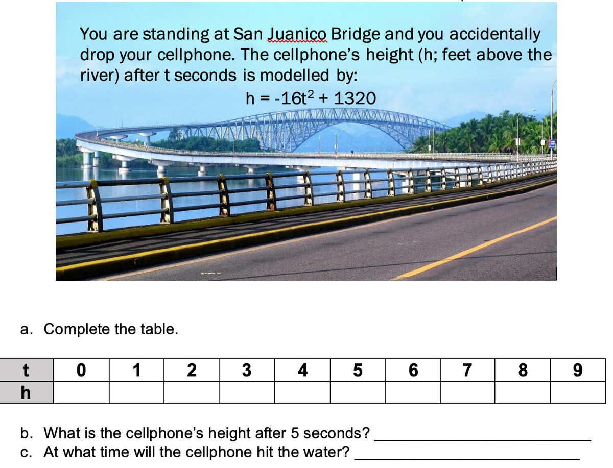You are standing at San Juanico Bridge and you accidentally
drop your cellphone. The cellphone's height (h; feet above the
river) after t seconds is modelled by:
h = -16t? + 1320
a. Complete the table.
t
1
2
3
4
5
6
7
8.
9.
h
b. What is the cellphone's height after 5 seconds?
c. At what time will the cellphone hit the water?
