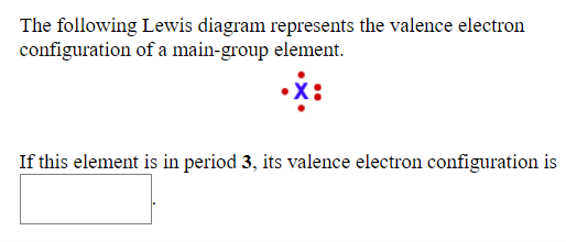 The following Lewis diagram represents the valence electron
configuration of a main-group element.
If this element is in period 3, its valence electron configuration is
