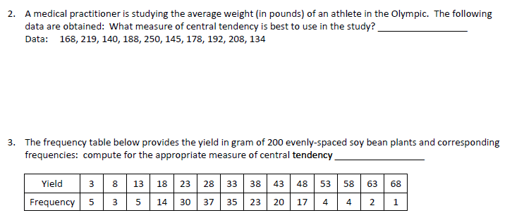 2. A medical practitioner is studying the average weight (in pounds) of an athlete in the Olympic. The following
data are obtained: What measure of central tendency is best to use in the study?
Data: 168, 219, 140, 188, 250, 145, 178, 192, 208, 134
3. The frequency table below provides the yield in gram of 200 evenly-spaced soy bean plants and corresponding
frequencies: compute for the appropriate measure of central tendency
Yield
8
13
18
23
28 33 38 43
48
53
58
63
68
Frequency
5
14
30
37
35
23
20
17
4
4
1.
2.
00
3.
3.
