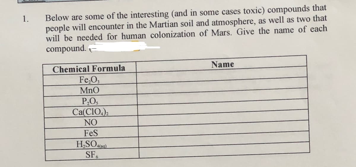 Below are some of the interesting (and in some cases toxic) compounds that
people will encounter in the Martian soil and atmosphere, as well as two that
will be needed for human colonization of Mars. Give the name of each
compound.
1.
Chemical Formula
Name
Fe,O,
MnO
P,Os
Ca(CIO,)2
NO
FeS
SF.
