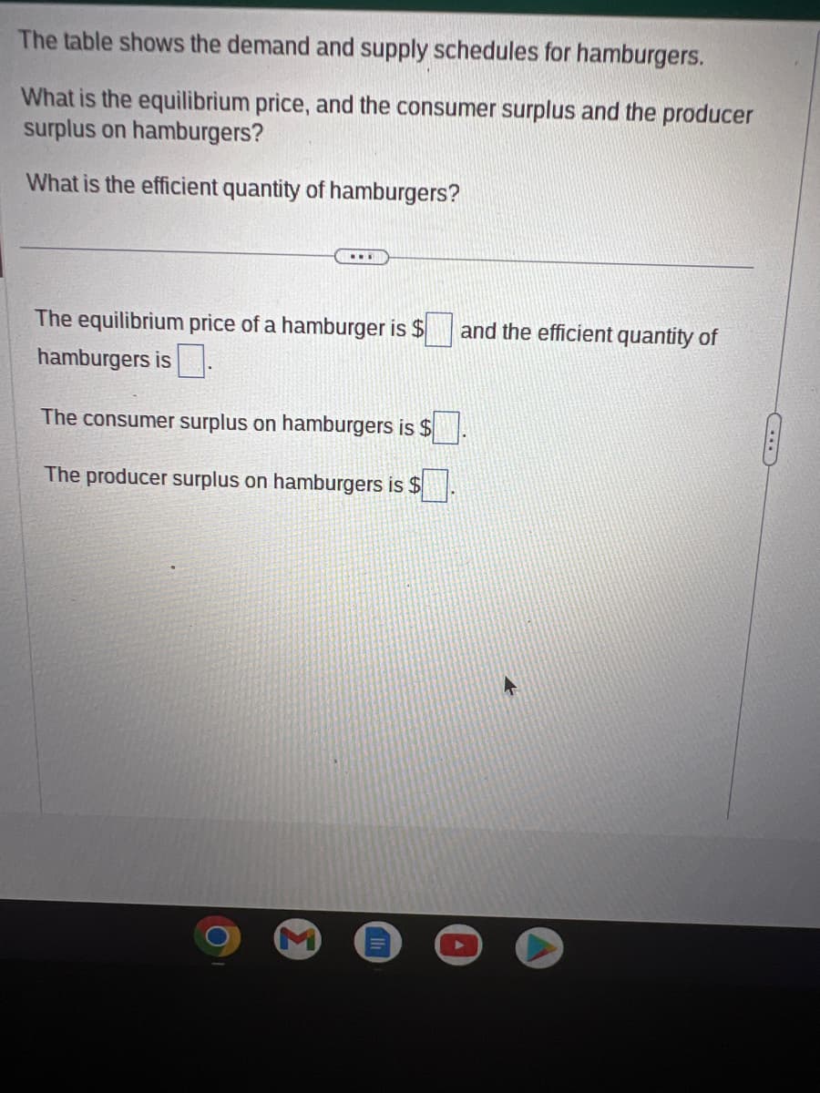 The table shows the demand and supply schedules for hamburgers.
What is the equilibrium price, and the consumer surplus and the producer
surplus on hamburgers?
What is the efficient quantity of hamburgers?
www
The equilibrium price of a hamburger is $
hamburgers is.
The consumer surplus on hamburgers is $
The producer surplus on hamburgers is $
and the efficient quantity of