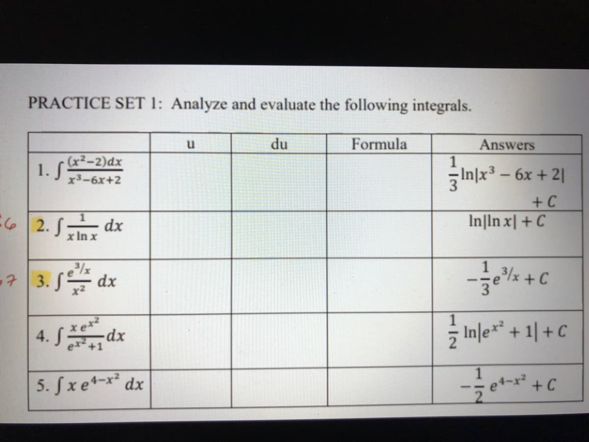 PRACTICE SET 1: Analyze and evaluate the following integrals.
du
Formula
Answers
1
키미x3-6x + 21
u
(x²-2)dx
1. S
x3-6x+2
+ C
E이 2./ dx
In|In x| + C
x In x
1
-
7 3. S dx
3/x+C
e
4. dx
xp-
ex +1
In|e** + 1| + C
1
5. Sxet-x dx
+ C
12
