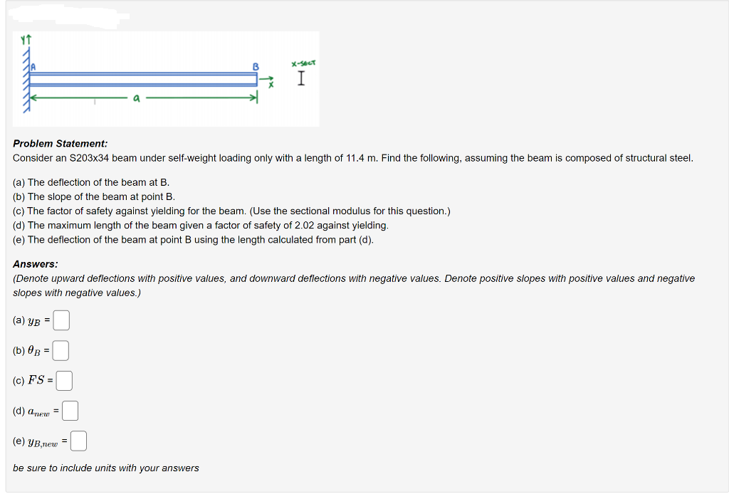 B
X-SeT
Problem Statement:
Consider an S203x34 beam under self-weight loading only with a length of 11.4 m. Find the following, assuming the beam is composed of structural steel.
(a) The deflection of the beam at B.
(b) The slope of the beam at point B.
(c) The factor of safety against yielding for the beam. (Use the sectional modulus for this question.)
(d) The maximum length of the beam given a factor of safety of 2.02 against yielding.
(e) The deflection of the beam at point B using the length calculated from part (d).
Answers:
(Denote upward deflections with positive values, and downward deflections with negative values. Denote positive slopes with positive values and negative
slopes with negative values.)
(а) ув -
(b) OB =
(c) FS =
(d) anew =
(е) ув,леш
be sure to include units with your answers
