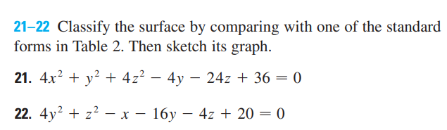 21-22 Classify the surface by comparing with one of the standard
forms in Table 2. Then sketch its graph.
21. 4x? + y? + 4z² – 4y – 24z + 36 = 0
-
22. 4y? + z? – x – 16y – 4z + 20 = 0
|
-

