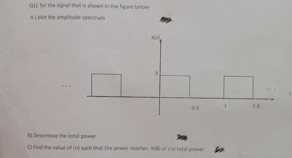 Q1) for the signal that is shown in the figure below
A) plot the amplitude spectrum
B) Determine the total power
W
C) Find the value of (n) such that the power reaches %90 of the total power
X(t),
0.5
1
1.5