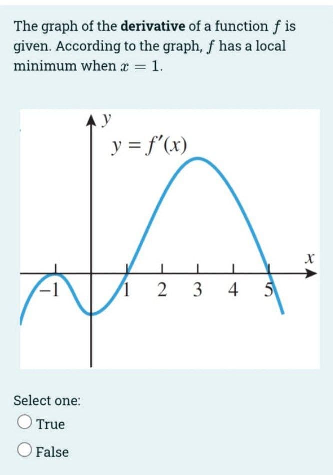 The graph of the derivative of a function f is
given. According to the graph, f has a local
minimum when x = 1.
y
y = f'(x)
2 3
4
5
Select one:
True
O False
