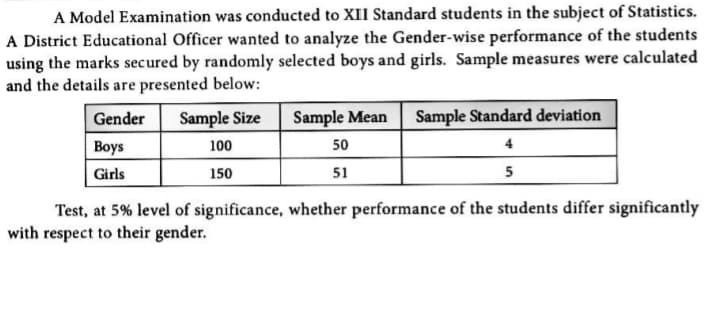 A Model Examination was conducted to XII Standard students in the subject of Statistics.
A District Educational Officer wanted to analyze the Gender-wise performance of the students
using the marks secured by randomly selected boys and girls. Sample measures were calculated
and the details are presented below:
Gender
Sample Size
Sample Mean
Sample Standard deviation
Boys
100
50
4
Girls
150
51
5
Test, at 5% level of significance, whether performance of the students differ significantly
with respect to their gender.
