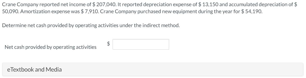 Crane Company reported net income of $ 207,040. It reported depreciation expense of $ 13,150 and accumulated depreciation of $
50,090. Amortization expense was $ 7,910. Crane Company purchased new equipment during the year for $ 54,190.
Determine net cash provided by operating activities under the indirect method.
$
Net cash provided by operating activities
eTextbook and Media
