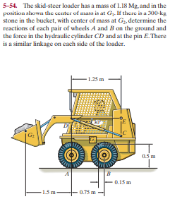 5-54. The skid-steer loader has a mass of 1.18 Mg, and in the
position showa the center of mass is at Gj. If there is a 300-kg
stone in the bucket, with center of mass at Gz, determine the
reactions of each pair of wheels A and B on the ground and
the force in the hydraulic cylinder CD and at the pin E. There
is a similar linkage on each side of the loader.
1.25 m
05 m
0.15 m
1.5 m
0.75 m

