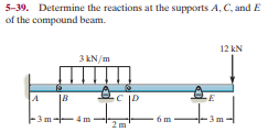 5-39. Determine the reactions at the supports A, C, and E
of the compound beam.
12 kN
3 kN/m
-3m-
6m
