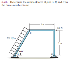 5-41. Determine the resultant force at pins A, B, and C on
the three-member frame.
S00 N
200 N/m
2 m
