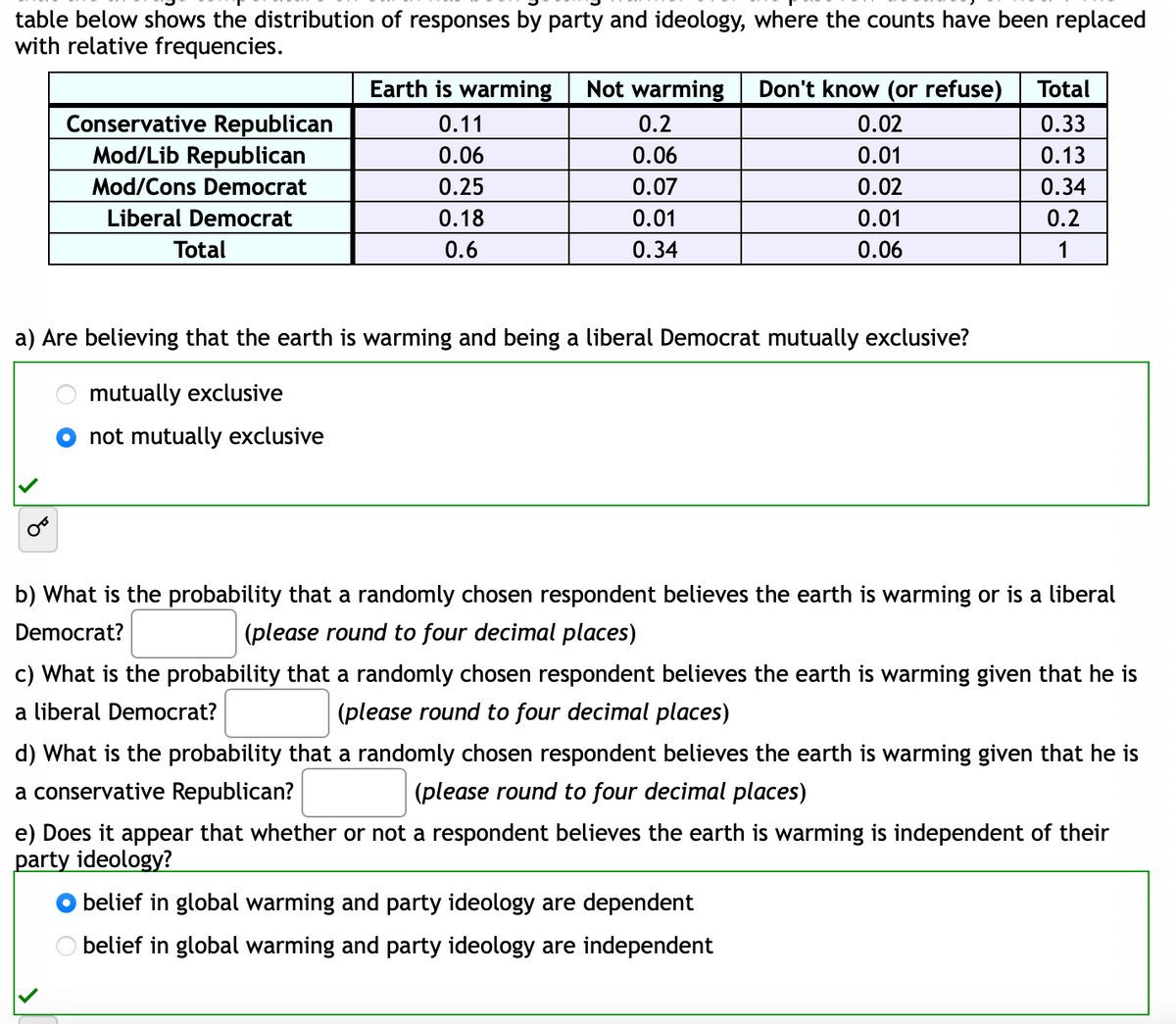 table below shows the distribution of responses by party and ideology, where the counts have been replaced
with relative frequencies.
Earth is warming
Not warming
Don't know (or refuse)
Total
Conservative Republican
Mod/Lib Republican
0.11
0.2
0.02
0.33
0.06
0.06
0.01
0.13
Mod/Cons Democrat
0.25
0.07
0.02
0.34
Liberal Democrat
0.18
0.01
0.01
0.2
Total
0.6
0.34
0.06
1
a) Are believing that the earth is warming and being a liberal Democrat mutually exclusive?
mutually exclusive
not mutually exclusive
b) What is the probability that a randomly chosen respondent believes the earth is warming or is a liberal
Democrat?
(please round to four decimal places)
c) What is the probability that a randomly chosen respondent believes the earth is warming given that he is
a liberal Democrat?
(please round to four decimal places)
d) What is the probability that a randomly chosen respondent believes the earth is warming given that he is
a conservative Republican?
(please round to four decimal places)
e) Does it appear that whether or not a respondent believes the earth is warming is independent of their
party ideology?
belief in global warming and party ideology are dependent
O belief in global warming and party ideology are independent
