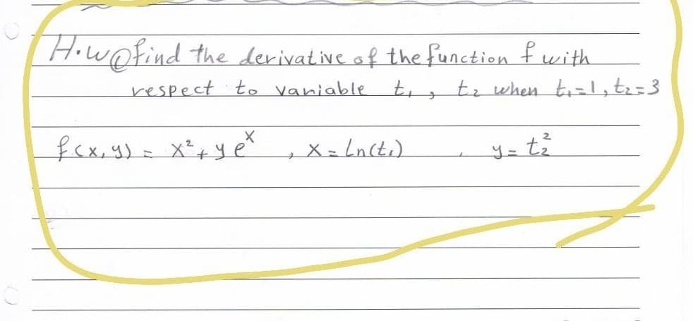 HiWotind the derivative af the function fwith
respect to vaniable t, ti when ti=1,tı=3
X= Lncti)
t
to
