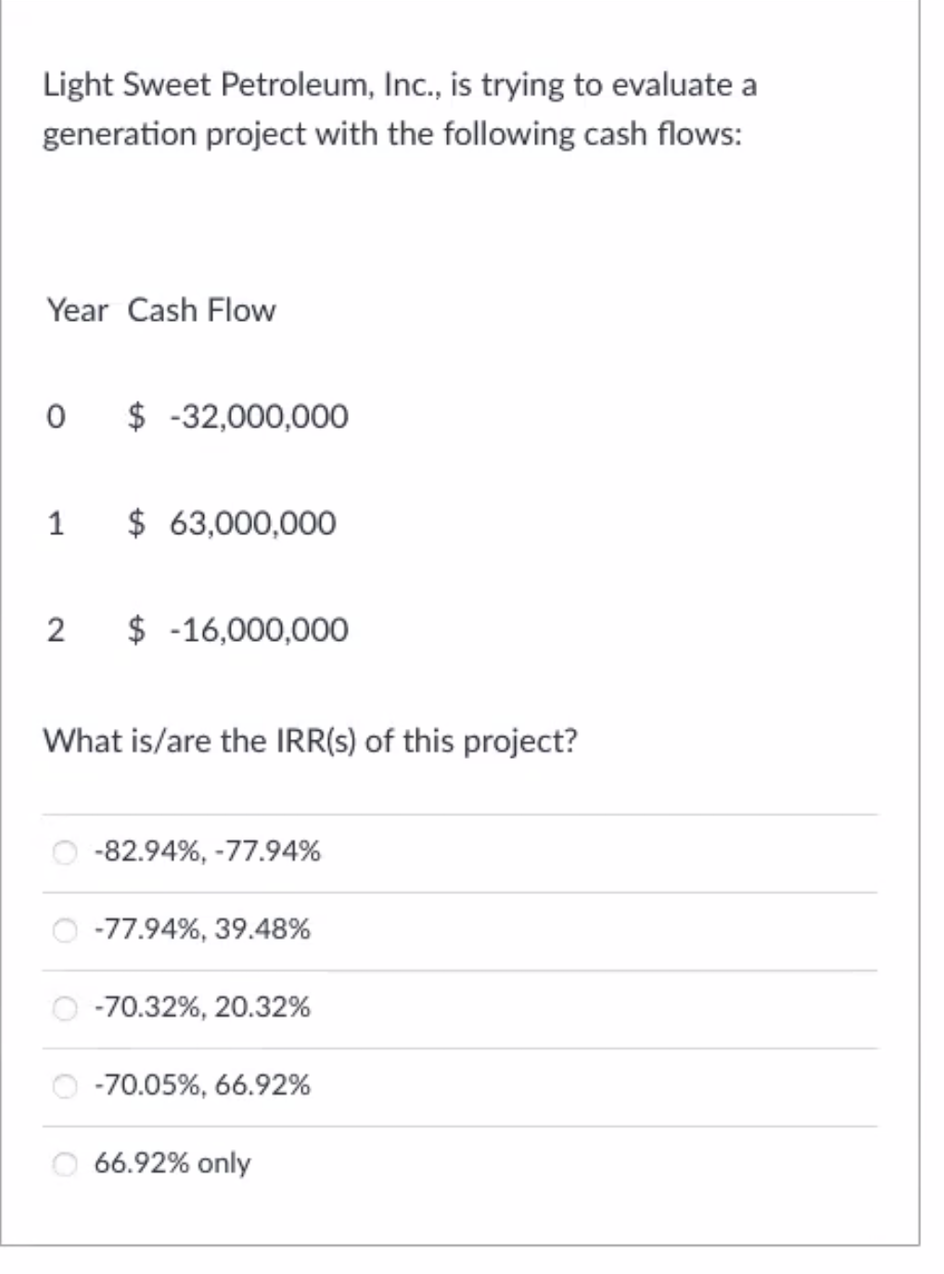 Light Sweet Petroleum, Inc., is trying to evaluate a
generation project with the following cash flows:
Year Cash Flow
$ -32,000,000O
1
$ 63,000,000
2
$ -16,000,000
What is/are the IRR(s) of this project?
-82.94%, -77.94%
-77.94%, 39.48%
-70.32%, 20.32%
-70.05%, 66.92%
66.92% only
