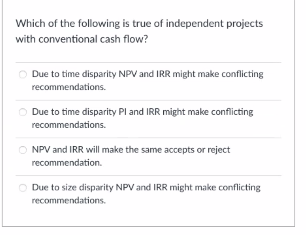 Which of the following is true of independent projects
with conventional cash flow?
O Due to time disparity NPV and IRR might make conflicting
recommendations.
Due to time disparity Pl and IRR might make conflicting
recommendations.
NPV and IRR will make the same accepts or reject
recommendation.
Due to size disparity NPV and IRR might make conflicting
recommendations.
