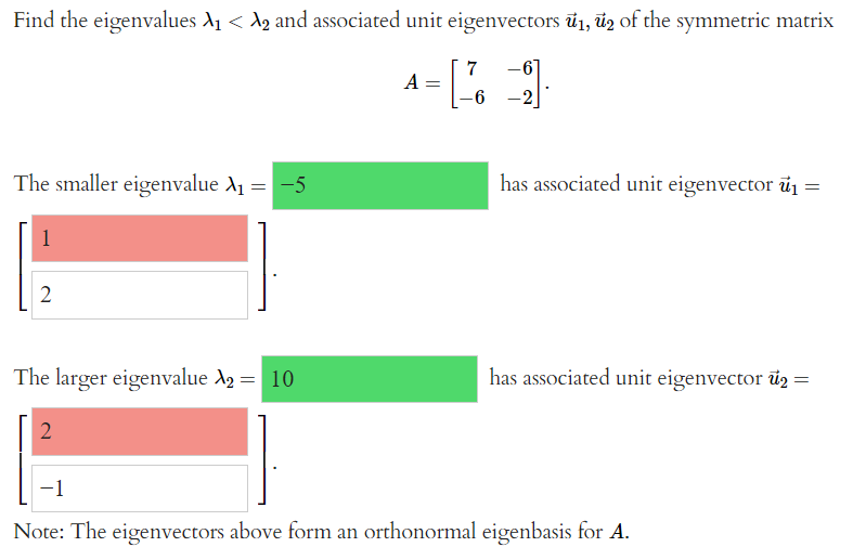 Find the eigenvalues A1 < A2 and associated unit eigenvectors ü1, ủg of the symmetric matrix
-61
7
A =
-6
-2
The smaller eigenvalue A1 =
-5
has associated unit eigenvector ū1=
1
2
The larger eigenvalue A2 = 10
has associated unit eigenvector i2 =
-1
Note: The eigenvectors above form an orthonormal eigenbasis for A.
