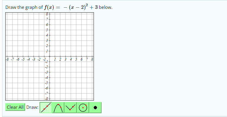 Draw the graph of f(x) =
- (x – 2)? + 3 below.
%3D
6-
4-
s -7 -6 -5 -4 -3 -2 -1,
1 2 3 4 5 6
-2
-3
-4
-5
-6-
-7-
-8-
Clear All Draw:
o o t en cu
