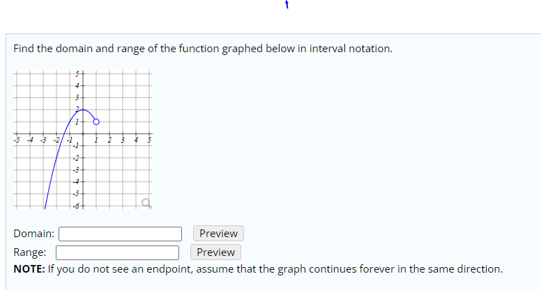 Find the domain and range of the function graphed below in interval notation.
-5 -4 -3 -2
-2
-4-
-5-
Domain:
Preview
Range:
Preview
NOTE: If you do not see an endpoint, assume that the graph continues forever in the same direction.
