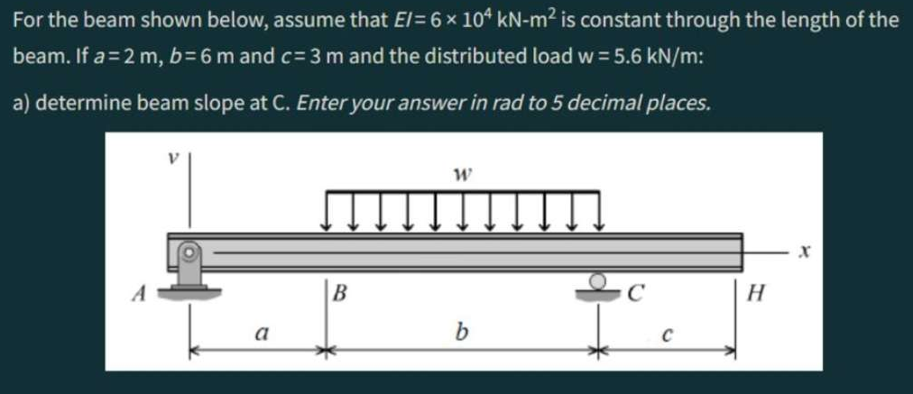 For the beam shown below, assume that E/= 6 × 104 kN-m² is constant through the length of the
beam. If a= 2 m, b= 6 m and c= 3 m and the distributed load w = 5.6 kN/m:
a) determine beam slope at C. Enter your answer in rad to 5 decimal places.
A
a
B
W
b
C
C
H
X