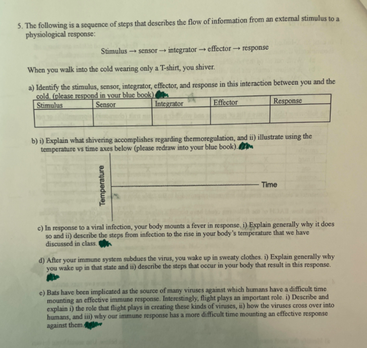 5. The following is a sequence of steps that describes the flow of information from an external stimulus to a
physiological response:
Stimulus
→sensor integrator → effector-
→ response
When you walk into the cold wearing only a T-shirt, you shiver.
a) Identify the stimulus, sensor, integrator, effector, and response in this interaction between you and the
cold. (please respond in your blue book)
Stimulus
Sensor
Integrator
Effector
Response
b) i) Explain what shivering accomplishes regarding thermoregulation, and ii) illustrate using the
temperature vs time axes below (please redraw into your blue book).
Time
c) In response to a viral infection, your body mounts a fever in response. i) Explain generally why it does
so and ii) describe the steps from infection to the rise in your body's temperature that we have
discussed in class.
d) After your immune system subdues the virus, you wake up in sweaty clothes. i) Explain generally why
you wake up in that state and ii) describe the steps that occur in your body that result in this response.
e) Bats have been implicated as the source of many viruses against which humans have a difficult time
mounting an effective immune response. Interestingly, flight plays an important role. i) Describe and
explain i) the role that flight plays in creating these kinds of viruses, ii) how the viruses cross over into
humans, and iii) why our immune response has a more difficult time mounting an effective response
against them.
Temperature