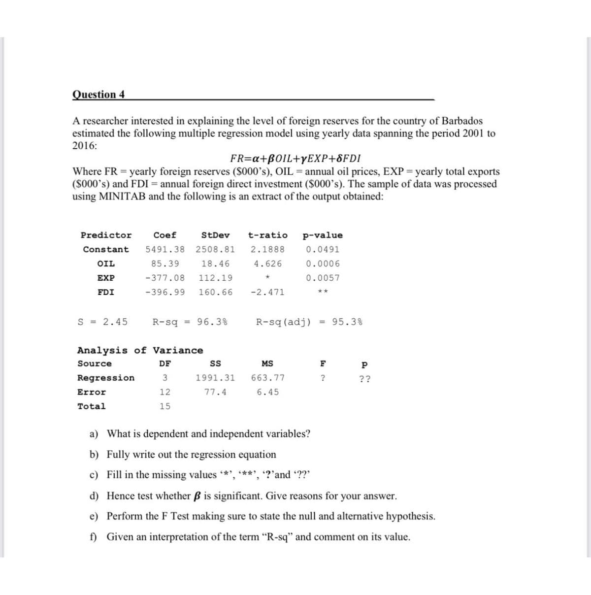 Question 4
A researcher interested in explaining the level of foreign reserves for the country of Barbados
estimated the following multiple regression model using yearly data spanning the period 2001 to
2016:
FR=a+B0IL+YEXP+8FDI
Where FR = yearly foreign reserves ($000's), OIL = annual oil prices, EXP= yearly total exports
(S000's) and FDI = annual foreign direct investment ($000's). The sample of data was processed
using MINITAB and the following is an extract of the output obtained:
Predictor
Coef
StDev
t-ratio
p-value
Constant
5491.38
2508.81
2.1888
0.0491
OIL
85.39
18.46
4.626
0.0006
EXP
-377.08
112.19
0.0057
FDI
-396.99
160.66
-2.471
S = 2.45
R-sq = 96.3%
R-sq (adj)
95.3%
Analysis of Variance
Source
DF
MS
F
Regression
3
1991.31
663.77
??
Error
12
77.4
6.45
Total
15
a) What is dependent and independent variables?
b) Fully write out the regression equation
c) Fill in the missing values *', ***', ?'and '??'
d) Hence test whether B is significant. Give reasons for your answer.
e) Perform the F Test making sure to state the null and alternative hypothesis.
f) Given an interpretation of the term "R-sq" and comment on its value.
