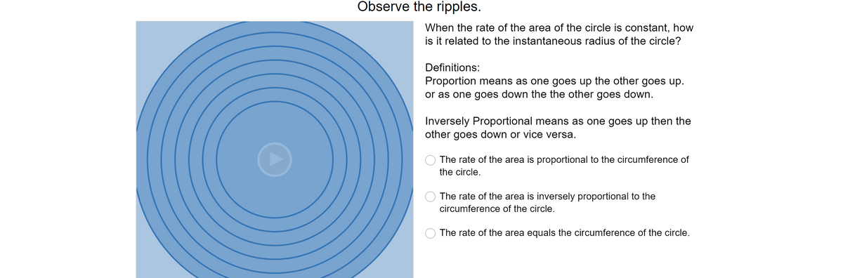 Observe the ripples.
When the rate of the area of the circle is constant, how
is it related to the instantaneous radius of the circle?
Definitions:
Proportion means as one goes up the other goes up.
or as one goes down the the other goes down.
Inversely Proportional means as one goes up then the
other goes down or vice versa.
The rate of the area is proportional to the circumference of
the circle.
The rate of the area is inversely proportional to the
circumference of the circle.
The rate of the area equals the circumference of the circle.