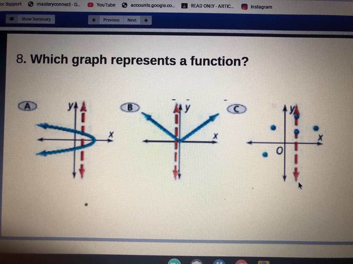 For Support
masteryconnect-G..
YouTube
accounts.google.co..
READ ONLY-ARTIC...
Instagram
Show Summary
Previous
Next
8. Which graph represents a function?
B.
