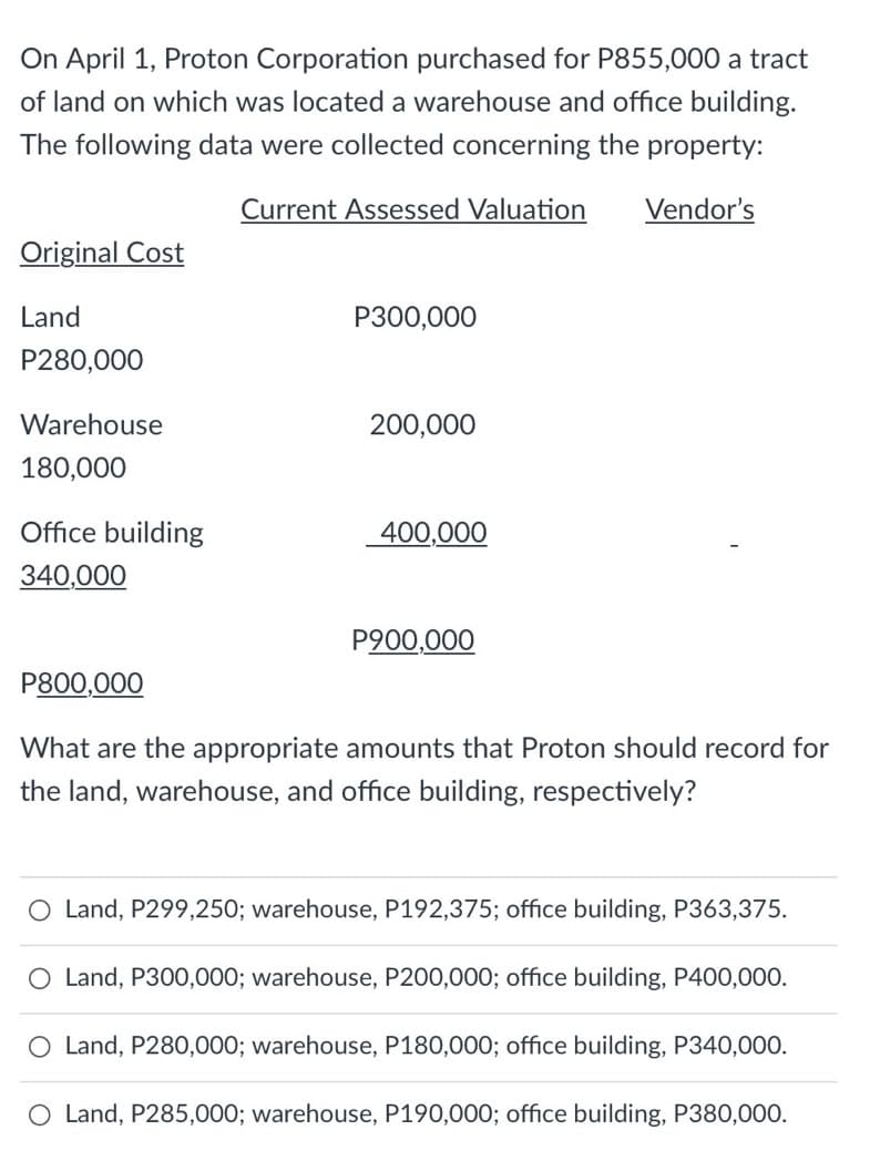 On April 1, Proton Corporation purchased for P855,000 a tract
of land on which was located a warehouse and office building.
The following data were collected concerning the property:
Current Assessed Valuation
Vendor's
Original Cost
Land
P300,000
P280,000
Warehouse
200,000
180,000
Office building
340,000
P900,000
P800,000
What are the appropriate amounts that Proton should record for
the land, warehouse, and office building, respectively?
O Land, P299,250; warehouse, P192,375; office building, P363,375.
O Land, P300,000; warehouse, P200,000; office building, P400,000.
O Land, P280,000; warehouse, P180,000; office building, P340,000.
O Land, P285,000; warehouse, P190,000; office building, P380,000.
400,000