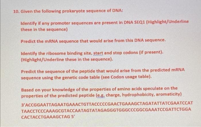 10. Given the following prokaryote sequence of DNA:
Identify if any promoter sequences are present in DNA SEQ1 (Highlight/Underline
these in the sequence)
Predict the mRNA sequence that would arise from this DNA sequence.
Identify the ribosome binding site, start and stop codons (if present).
(Highlight/Underline these in the sequence).
Predict the sequence of the peptide that would arise from the predicted mRNA
sequence using the genetic code table (see Codon usage table).
Based on your knowledge of the properties of amino acids speculate on the
properties of the predicted peptide (e.g. charge, hydrophobicity, aromaticity)
3'ACCGGAATTAGAATGAAACTGTTACCCCCGAACTGAAAGCTAGATATTATCGAATCCAT
TAACCTCCCAAAGCGTACCAATAGTATAGAGGGTGGGCCCGGCGAAATCCGATTCTGGA
CACTACCTGAAAGCTAG 5