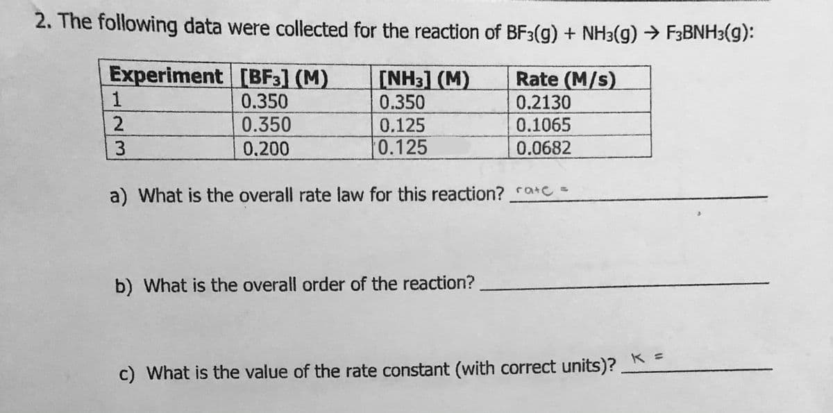 2. The following data were collected for the reaction of BF3(g) + NH3(g) → F3BNH3():
Experiment [BF3] (M)
1
[NH3] (M)
0.350
Rate (M/s)
0.350
0.2130
2.
0.350
0.125
0.1065
3
0.200
0.125
0.0682
a) What is the overall rate law for this reaction? ratc =
b) What is the overall order of the reaction?
c) What is the value of the rate constant (with correct units)? K-
