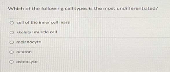 Which of the following cell types is the most undifferentiated?
O cell of the inner cell mass
O skeletal muscle cell
O melanocyte
O neuron
O osteocyte
