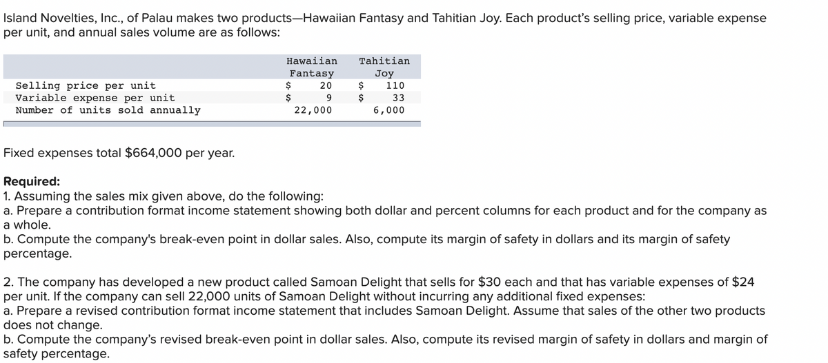 Island Novelties, Inc., of Palau makes two products-Hawaiian Fantasy and Tahitian Joy. Each product's selling price, variable expense
per unit, and annual sales volume are as follows:
Selling price per unit
Variable expense per unit
Number of units sold annually
Hawaiian
Fantasy
20
9
22,000
$
$
Tahitian
Joy
$
$
110
33
6,000
Fixed expenses total $664,000 per year.
Required:
1. Assuming the sales mix given above, do the following:
a. Prepare a contribution format income statement showing both dollar and percent columns for each product and for the company as
a whole.
b. Compute the company's break-even point in dollar sales. Also, compute its margin of safety in dollars and its margin of safety
percentage.
2. The company has developed a new product called Samoan Delight that sells for $30 each and that has variable expenses of $24
per unit. If the company can sell 22,000 units of Samoan Delight without incurring any additional fixed expenses:
a. Prepare a revised contribution format income statement that includes Samoan Delight. Assume that sales of the other two products
does not change.
b. Compute the company's revised break-even point in dollar sales. Also, compute its revised margin of safety in dollars and margin of
safety percentage.