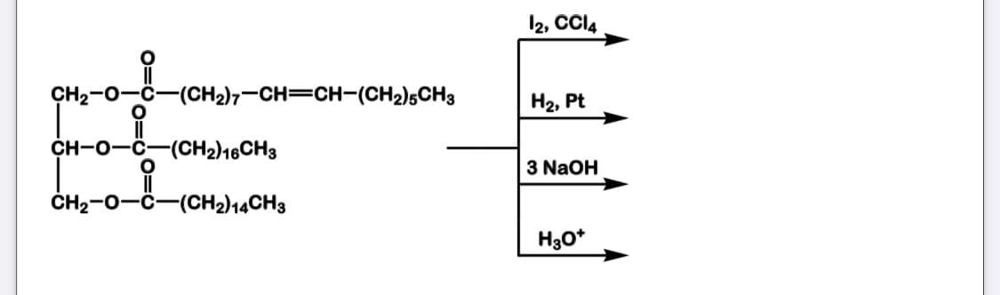 12, CCI4
CH2-0
(CH2)7-CH=CH-(CH2)5CH3
H2, Pt
CH-O
(CH2)16CH3
3 NaOH
ČH2-0
(CH2)14CH3
H30*
