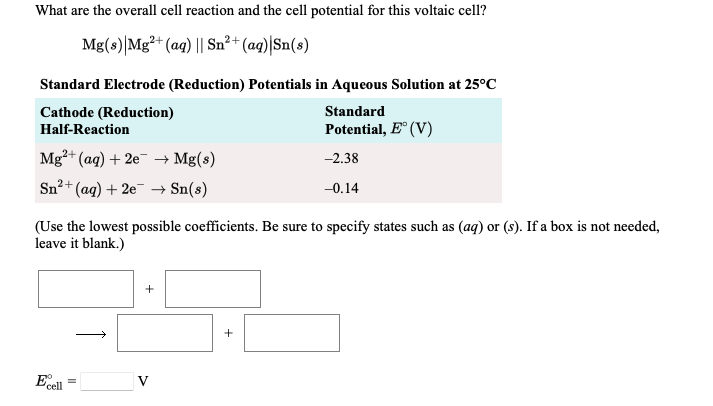 What are the overall cell reaction and the cell potential for this voltaic cell?
Mg(s)|Mg+ (aq) || Sn²+ (aq)|Sn(s)
Standard Electrode (Reduction) Potentials in Aqueous Solution at 25°C
Standard
Cathode (Reduction)
Half-Reaction
Potential, E° (V)
-2.38
Mg?+ (ag) + 2e → Mg(s)
-0.14
Sn?+ (ag) + 2e → Sn(s)
(Use the lowest possible coefficients. Be sure to specify states such as (aq) or (s). If a box is not needed,
leave it blank.)
Ecel
V
+
