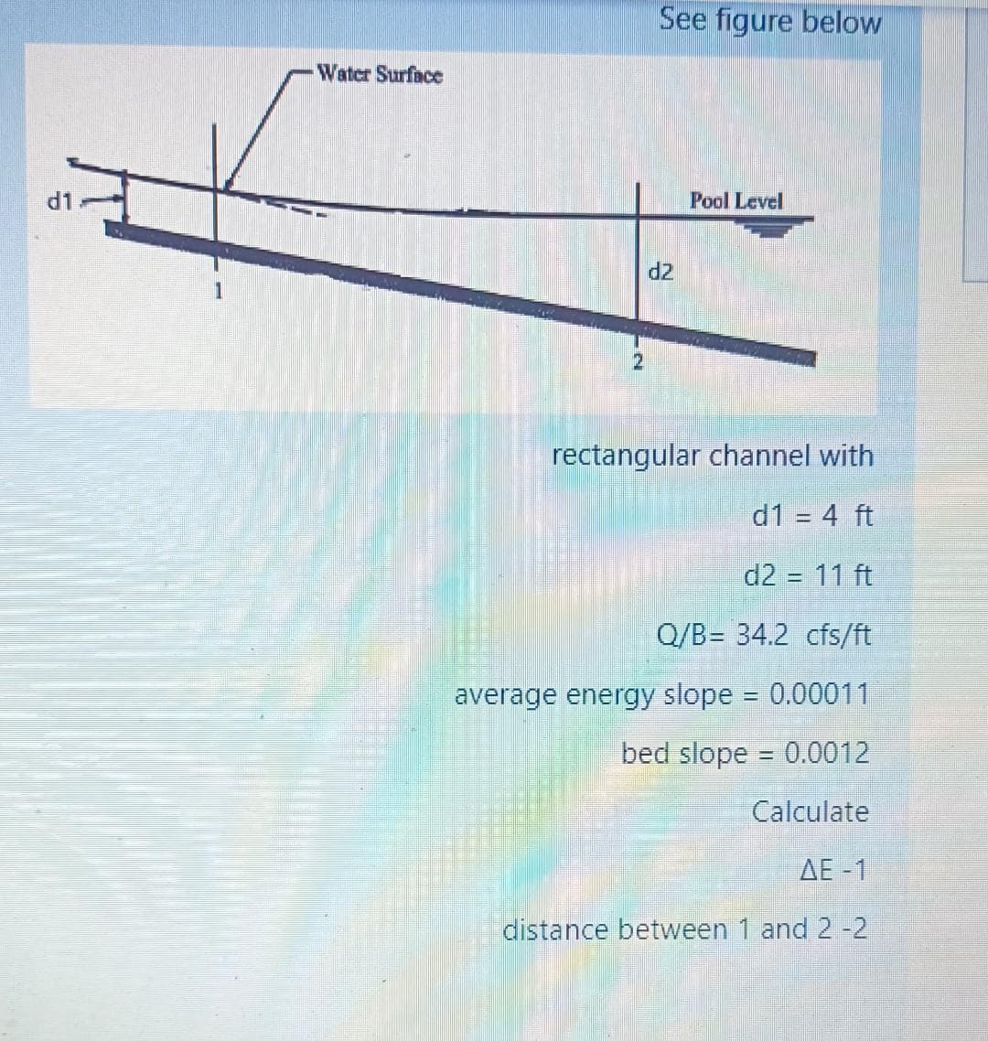 d1
Water Surface
See figure below
Pool Level
2
rectangular channel with
d1 = 4 ft
d2 = 11 ft
Q/B= 34.2 cfs/ft
average energy slope = 0.00011
bed slope = 0.0012
Calculate
AE -1
distance between 1 and 2 -2
d2