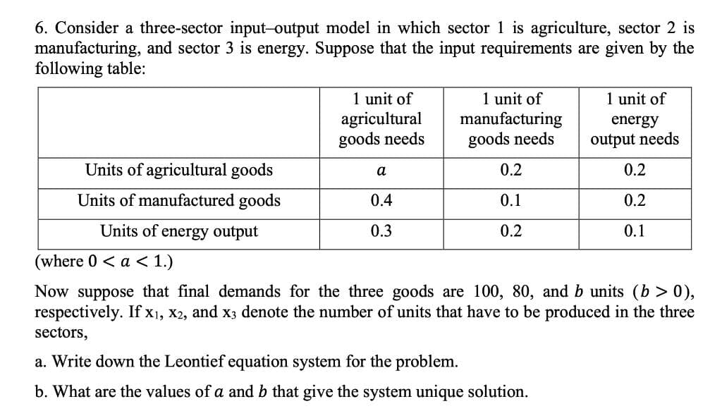 6. Consider a three-sector input-output model in which sector 1 is agriculture, sector 2 is
manufacturing, and sector 3 is energy. Suppose that the input requirements are given by the
following table:
Units of agricultural goods
Units of manufactured goods
Units of energy output
1 unit of
agricultural
goods needs
a
0.4
0.3
1 unit of
manufacturing
goods needs
0.2
0.1
0.2
1 unit of
energy
output needs
a. Write down the Leontief equation system for the problem.
b. What are the values of a and b that give the system unique solution.
0.2
0.2
0.1
(where 0 < a < 1.)
Now suppose that final demands for the three goods are 100, 80, and b units (b > 0),
respectively. If x1, x2, and x3 denote the number of units that have to be produced in the three
sectors,