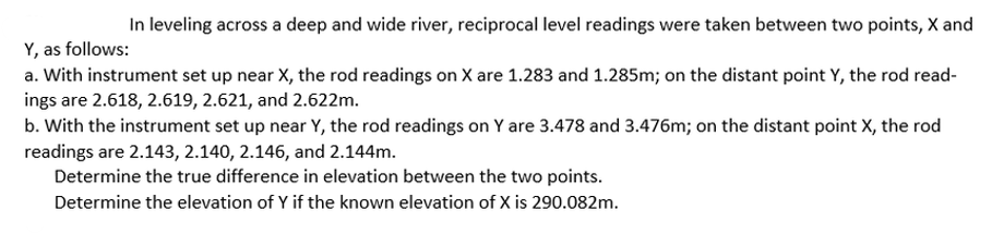 In leveling across a deep and wide river, reciprocal level readings were taken between two points, X and
Y, as follows:
a. With instrument set up near X, the rod readings on X are 1.283 and 1.285m; on the distant point Y, the rod read-
ings are 2.618, 2.619, 2.621, and 2.622m.
b. With the instrument set up near Y, the rod readings on Y are 3.478 and 3.476m; on the distant point X, the rod
readings are 2.143, 2.140, 2.146, and 2.144m.
Determine the true difference in elevation between the two points.
Determine the elevation of Y if the known elevation of X is 290.082m.
