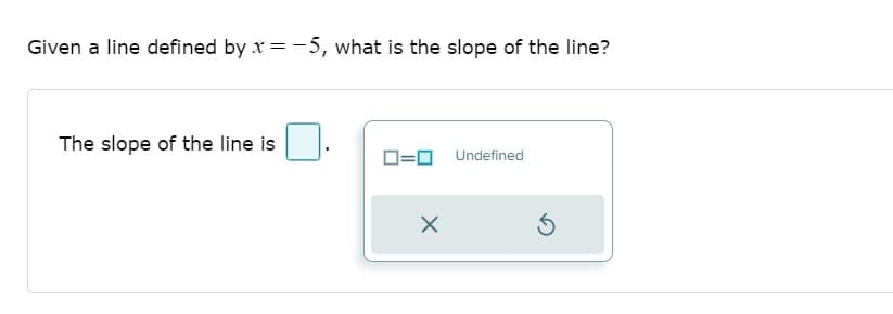 Given a line defined by x = -5, what is the slope of the line?
The slope of the line is
ロ=ロ
Undefined
