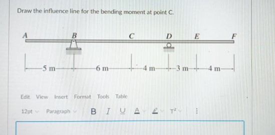 Draw the influence line for the bending moment at point C.
D
-5 m-
-6 m-
4 m-
-3 m-
4 m-
Tools Table
Edit View Insert Format
Paragraph
BIUA e Tiv
12pt v
