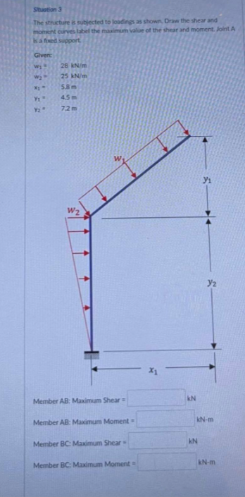 Situotion 3
The structure is subjected to loadings as shown Draw the shear and
moment cuves label the maximum value of the shear and moment. Joint A
Is a fixed support
Given:
28 kN/m
25 kN/m
5.8 m
4.5 m
72m
W2
y2
X1
kN
Member AB: Maximum Shear =
kN-m
Member AB: Maximum Moment
kN
Member BC: Maximum Shear
kN-m
Member BC: Maximum Moment=
