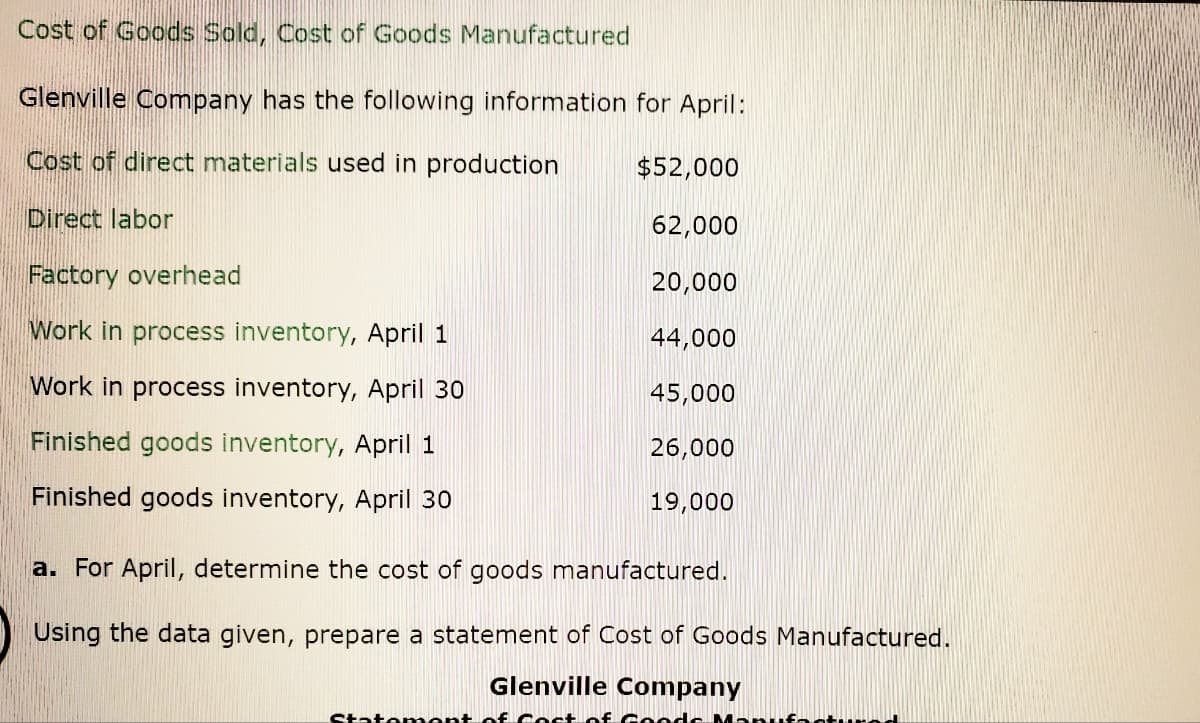 Cost of Goods Sold, Cost of Goods Manufactured
Glenville Company has the following information for April:
Cost of direct materials used in production
$52,000
Direct labor
62,000
Factory overhead
20,000
Work in process inventory, April 1
44,000
Work in process inventory, April 30
45,000
Finished goods inventory, April 1
26,000
Finished goods inventory, April 30
19,000
a. For April, determine the cost of goods manufactured.
Using the data given, prepare a statement of Cost of Goods Manufactured.
Glenville Company
State ment
onufacture
