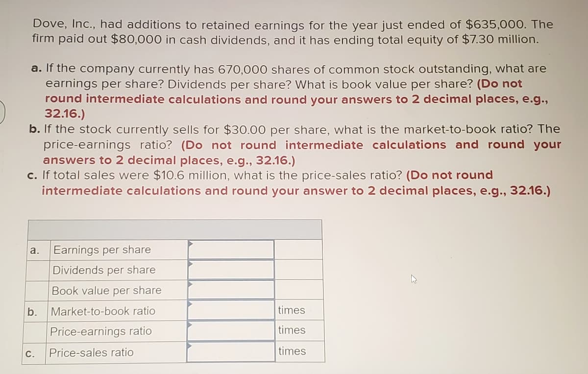 Dove, Inc., had additions to retained earnings for the year just ended of $635,000. The
firm paid out $80,000 in cash dividends, and it has ending total equity of $7.30 million.
a. If the company currently has 670,000 shares of common stock outstanding, what are
earnings per share? Dividends per share? What is book value per share? (Do not
round intermediate calculations and round your answers to 2 decimal places, e.g.,
32.16.)
b. If the stock currently sells for $30.00 per share, what is the market-to-book ratio? The
price-earnings ratio? (Do not round intermediate calculations and round your
answers to 2 decimal places, e.g., 32.16.)
c. If total sales were $10.6 million, what is the price-sales ratio? (Do not round
intermediate calculations and round your answer to 2 decimal places, e.g., 32.16.)
a.
b.
C.
Earnings per share
Dividends per share
Book value per share
Market-to-book ratio
Price-earnings ratio
Price-sales ratio
times
times
times