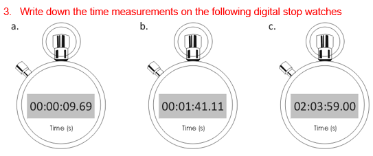 3. Write down the time measurements on the following digital stop watches
a.
b.
C.
D
00:00:09.69
Time (s)
00:01:41.11
Time (s)
02:03:59.00
Time (s)