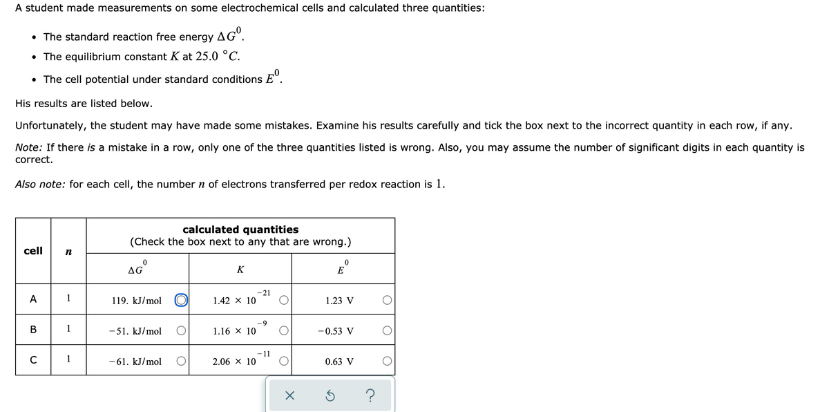 A student made measurements on some electrochemical cells and calculated three quantities:
• The standard reaction free energy
AGº.
• The equilibrium constant K at 25.0 °C.
• The cell potential under standard conditions E".
His results are listed below.
Unfortunately, the student may have made some mistakes. Examine his results carefully and tick the box next to the incorrect quantity in each row, if any.
Note: If there is a mistake in a row, only one of the three quantities listed is wrong. Also, you may assume the number of significant digits in each quantity is
correct.
Also note: for each cell, the number n of electrons transferred per redox reaction is 1.
calculated quantities
(Check the box next to any that are wrong.)
cell
n
aG
K
E
-21
1.42 x 10
A
1
119. kJ/mol O
1.23 V
--
В
- 51. kJ/mol
1.16 X 10
-0.53 V
-11
2.06 X 10
1
-61. kJ/mol
0.63 V
