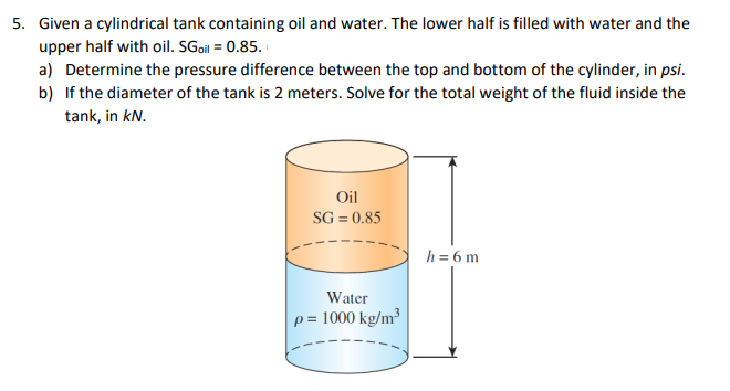 5. Given a cylindrical tank containing oil and water. The lower half is filled with water and the
upper half with oil. SGoil = 0.85.
a) Determine the pressure difference between the top and bottom of the cylinder, in psi.
b) If the diameter of the tank is 2 meters. Solve for the total weight of the fluid inside the
tank, in kN.
Oil
SG = 0.85
h = 6 m
Water
p = 1000 kg/m³
