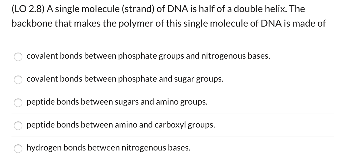 (LO 2.8) A single molecule (strand) of DNA is half of a double helix. The
backbone that makes the polymer of this single molecule of DNA is made of
covalent bonds between phosphate groups and nitrogenous bases.
covalent bonds between phosphate and sugar groups.
peptide bonds between sugars and amino groups.
peptide bonds between amino and carboxyl groups.
hydrogen bonds between nitrogenous bases.
