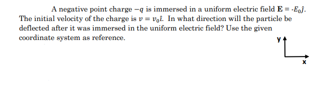 A negative point charge -ą is immersed in a uniform electric field E = -Eoj.
The initial velocity of the charge is v = v,î. In what direction will the particle be
deflected after it was immersed in the uniform electric field? Use the given
coordinate system as reference.
"L,

