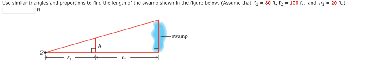 Use similar triangles and proportions to find the length of the swamp shown in the figure below. (Assume that l₁ = 80 ft, l₂ = 100 ft, and h₁
ft
Q.
h₁
→
- swamp
=
20 ft.)